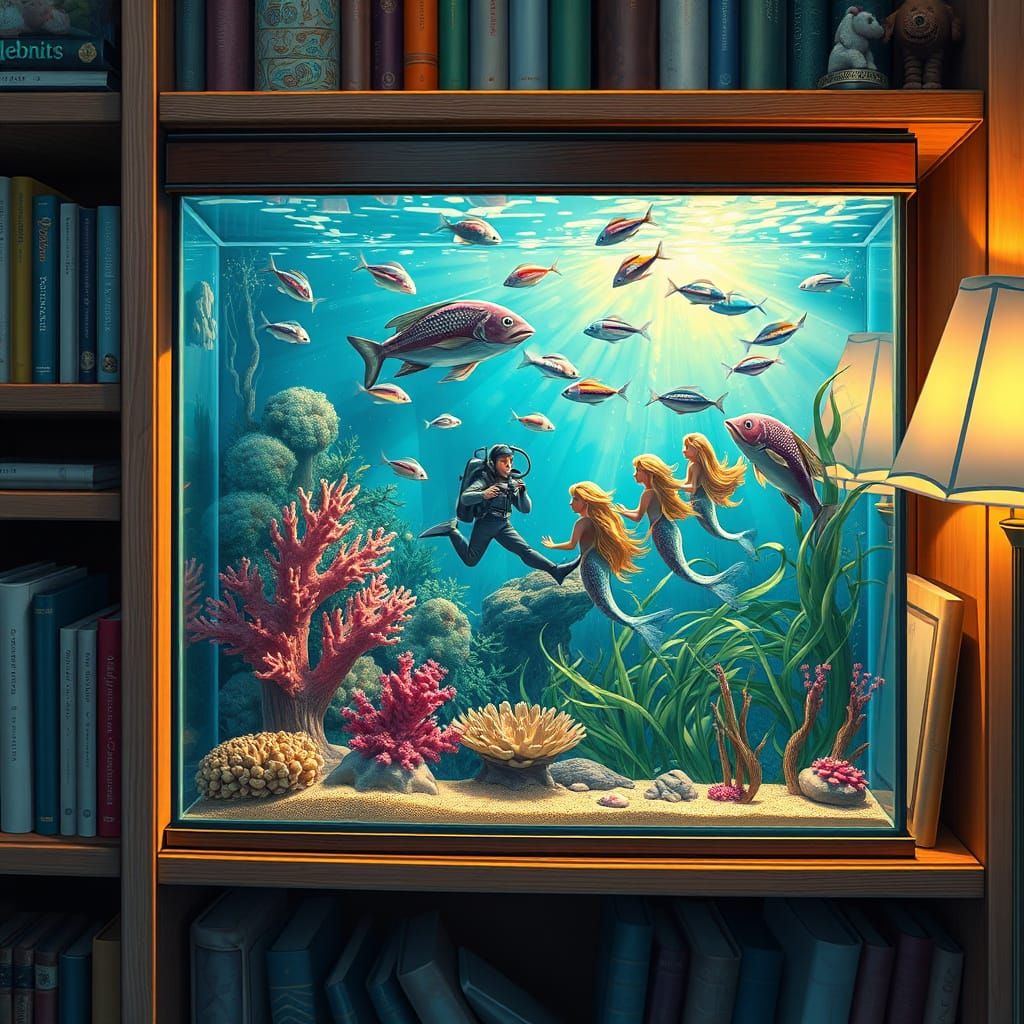 Whimsical Aquarium Scene on a Child's Bookshelf