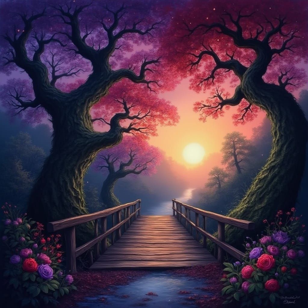 Autumn Sunset on a Wooden Bridge