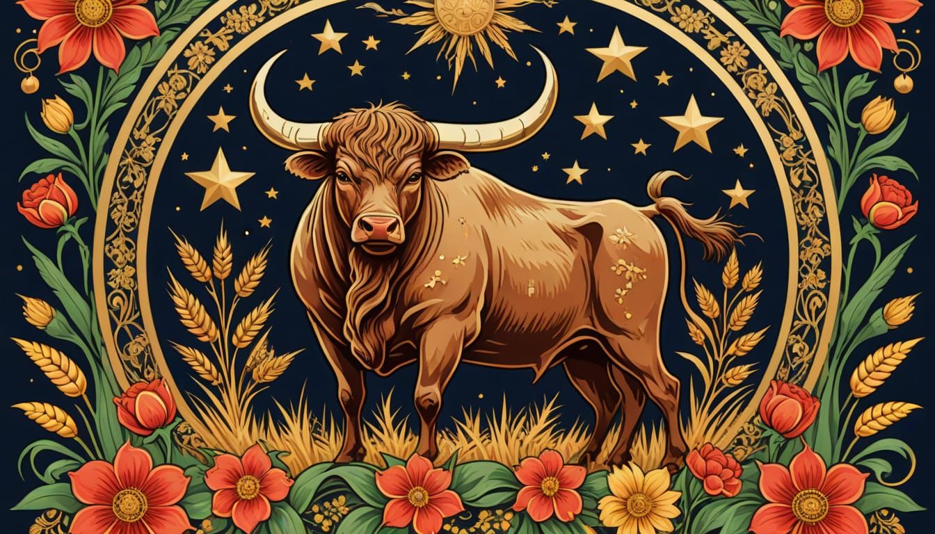 Traditional Russian Bull Vodka Label with Floral Motifs