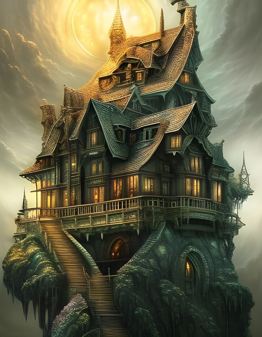 Clockpunk Bonsai Village with Intricate Sky