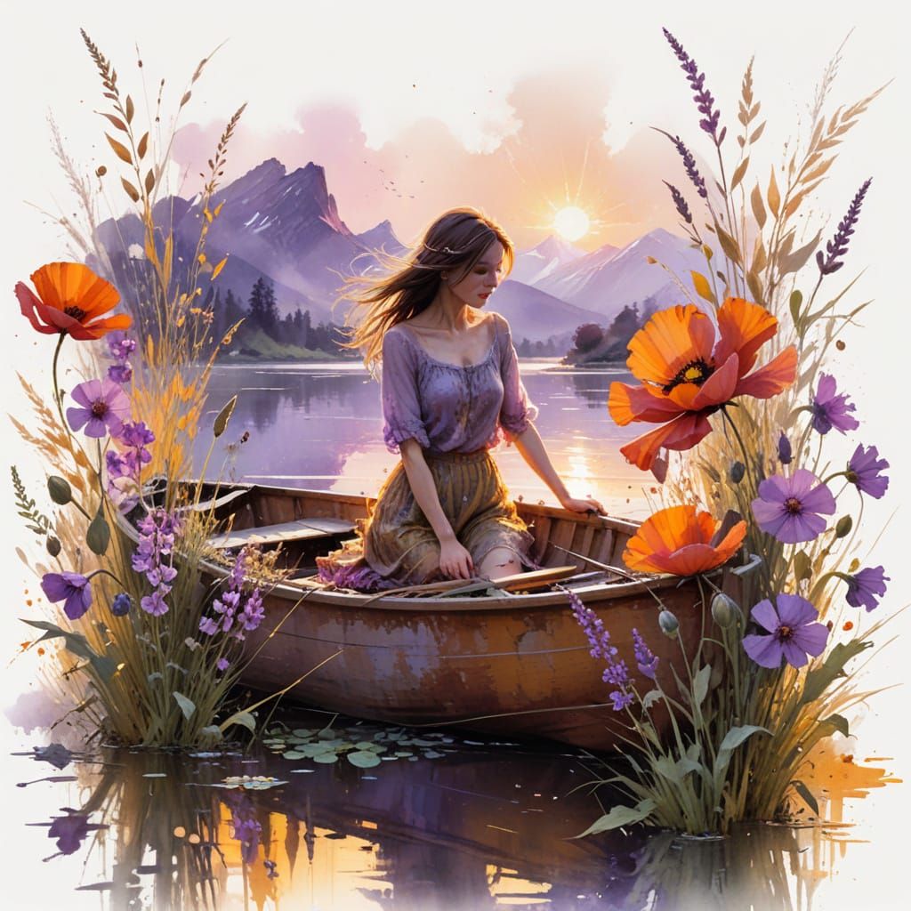 Serene River Sunset with Rowboat in Painterly Realism