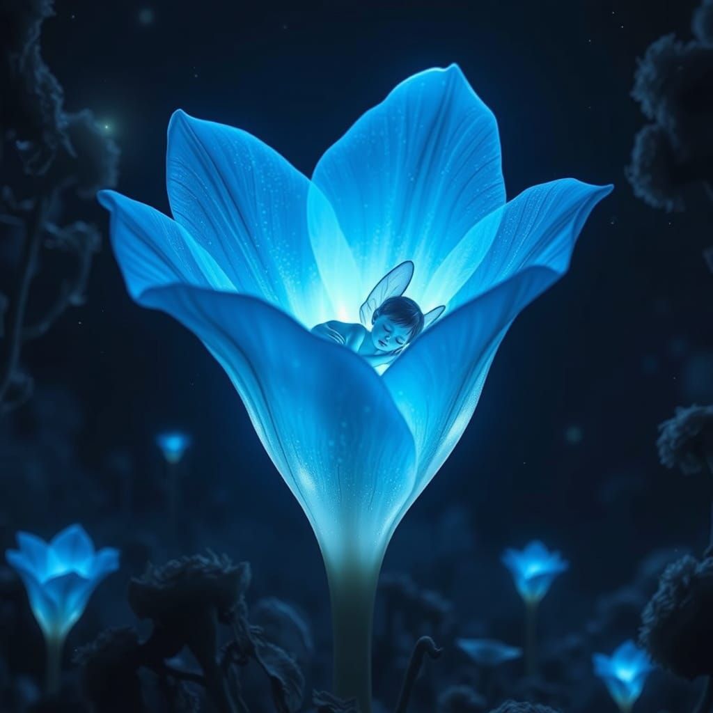 Glowing Blue Flower with Sleeping Fairy in Space