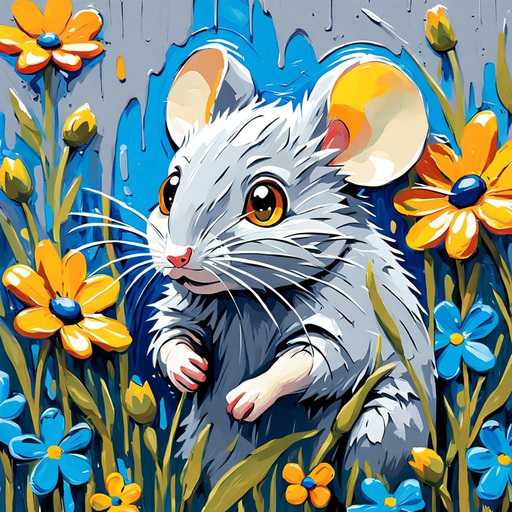 Mouse Peeking from Wildflowers in Expressionist Impasto