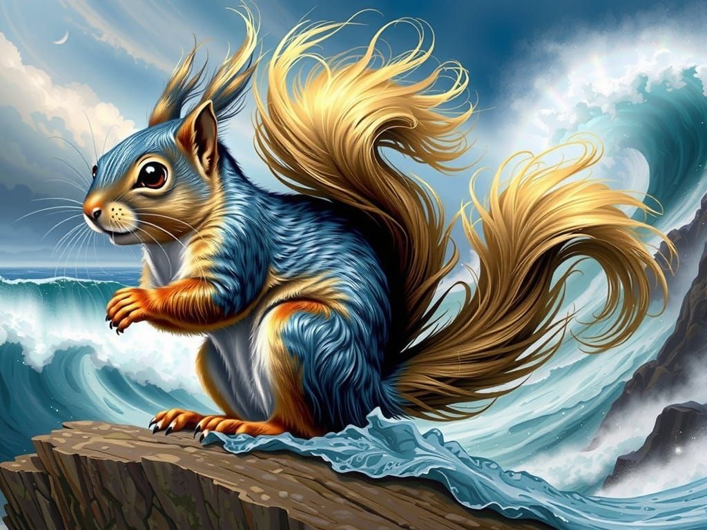 Magical Squirrel in Hyper-Realistic Ocean Scene