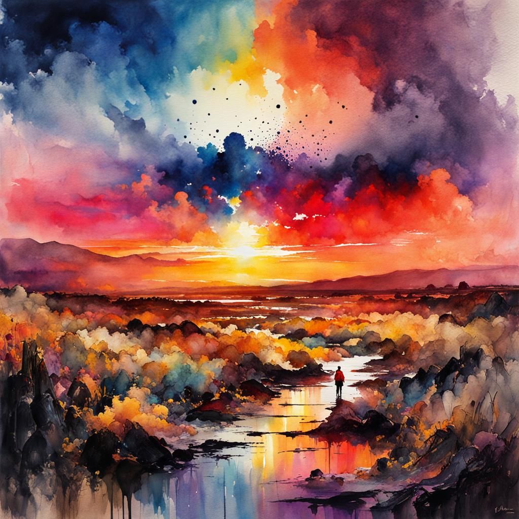Cosmic Sunset over Wasteland, Watercolour Ink Splash