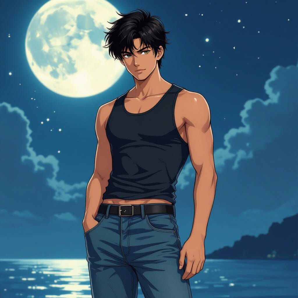 Anime Man in Moonlight: Vibrant Anime Art Style