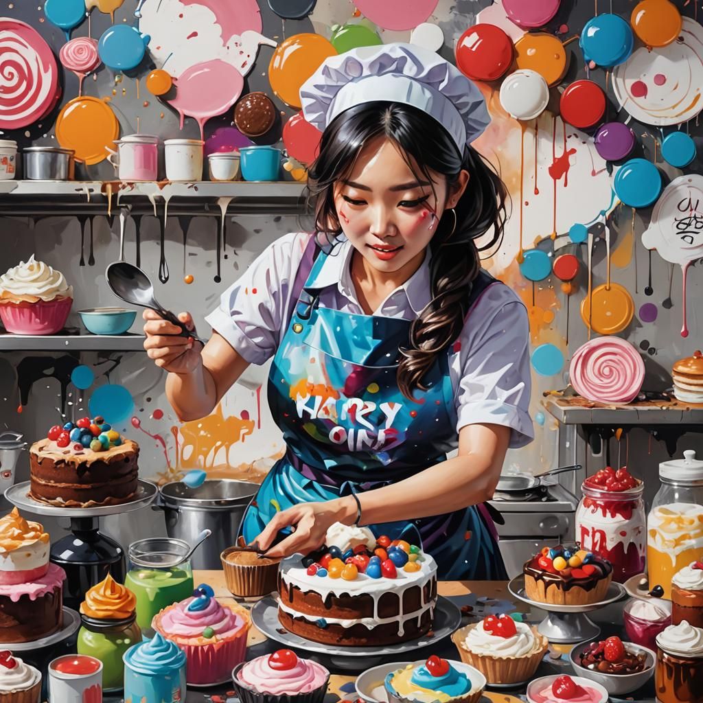 Korean Girl Baking Cake in Graffiti Art Style