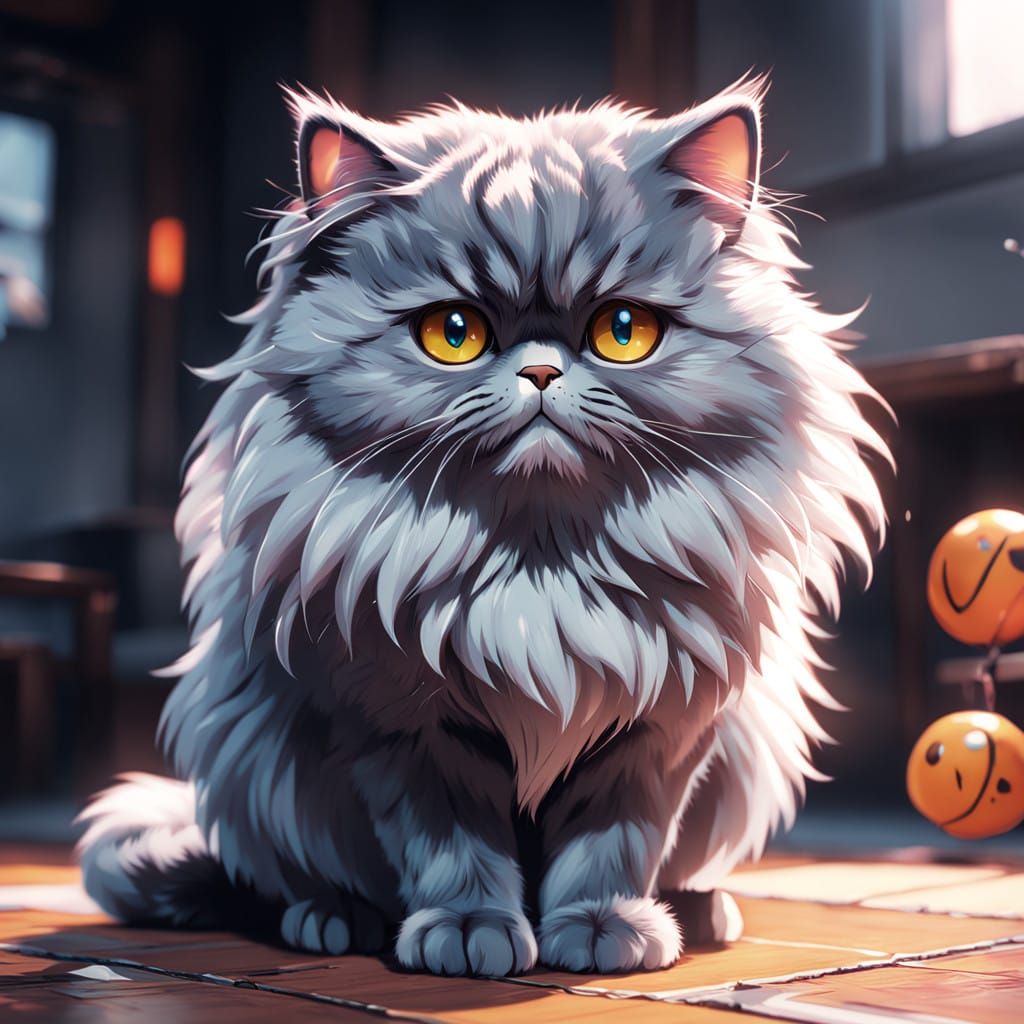 Surreal Anime-Style Persian Cat Pounces in Gentle Motion