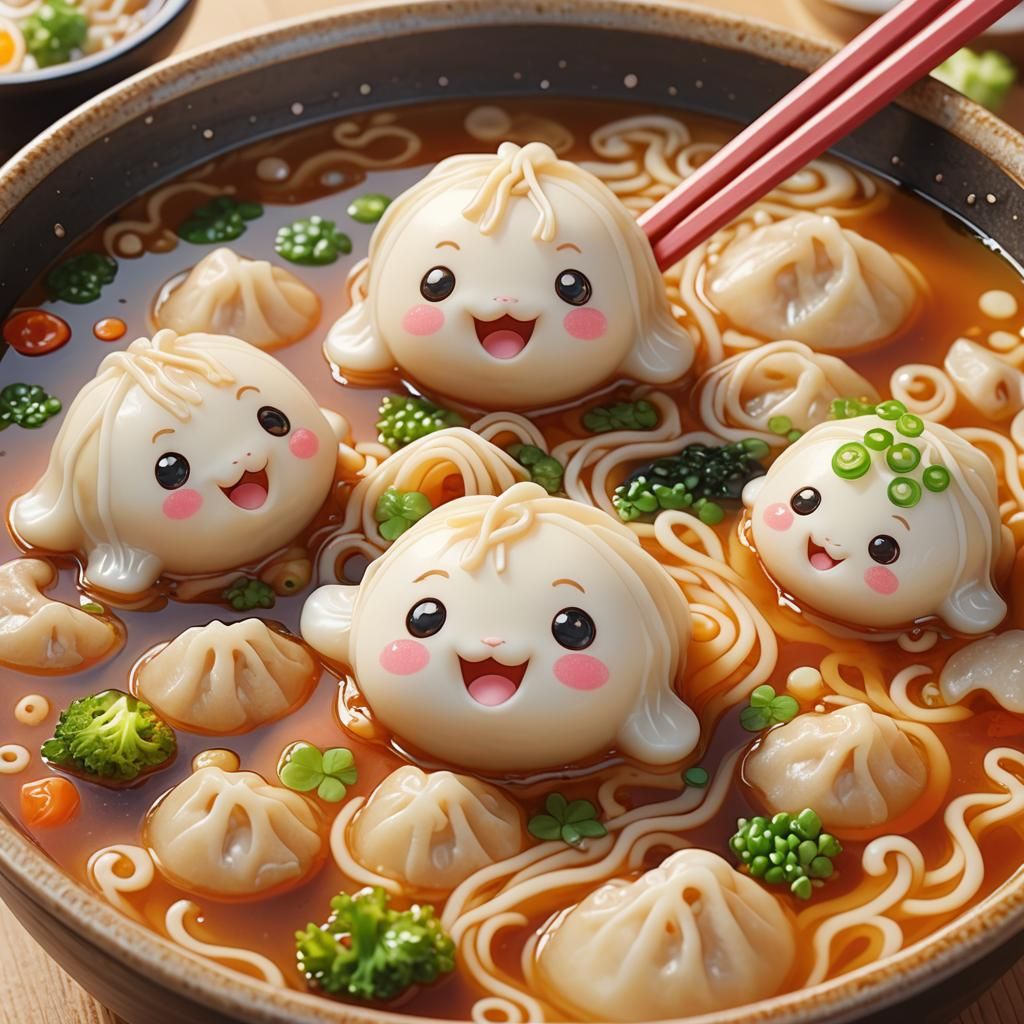 Kawaii Dumpling in Ramen Broth: Anime Style Close-Up