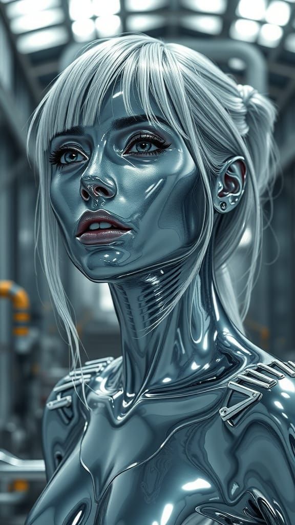 Liquid Silver Woman in Steel Factory