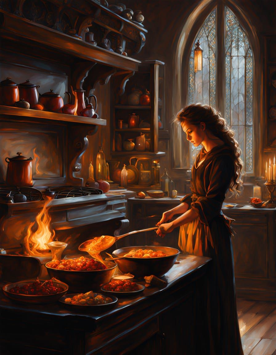Witch Cooking in Dimly Lit Kitchen Oil Painting