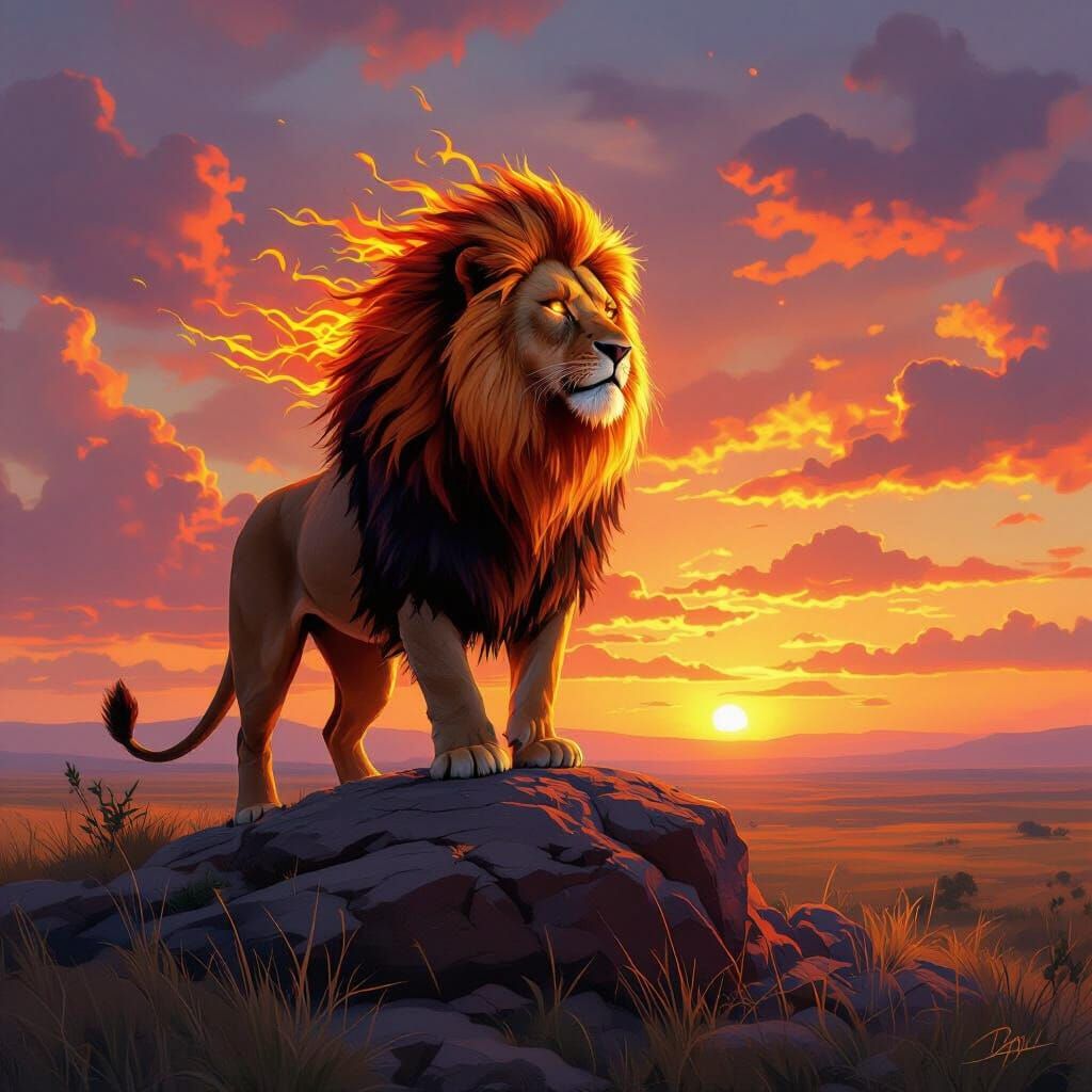Fiery Lion at Sunset in Classical Painting Style