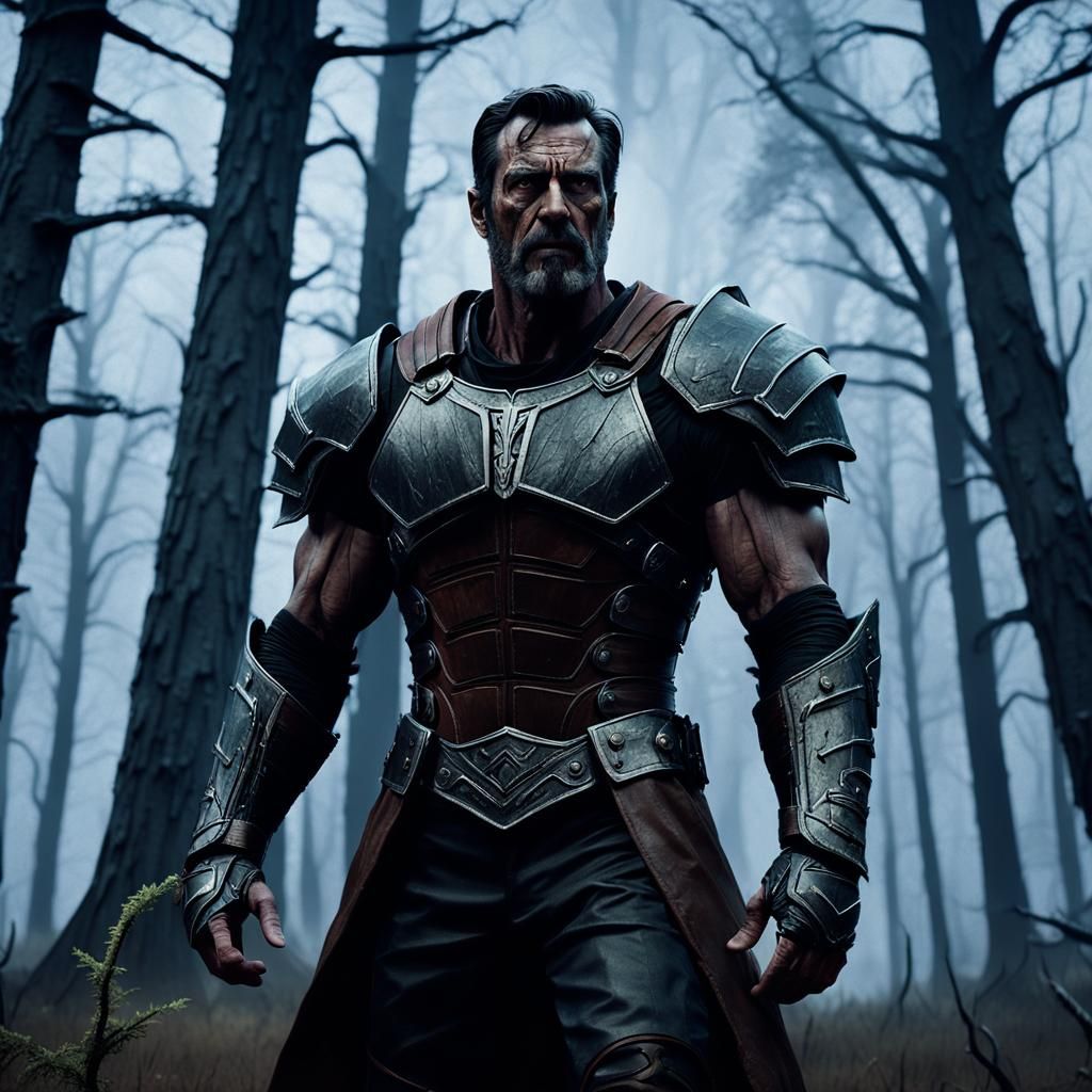 Towering Man in Barren Forest, Painterly Style