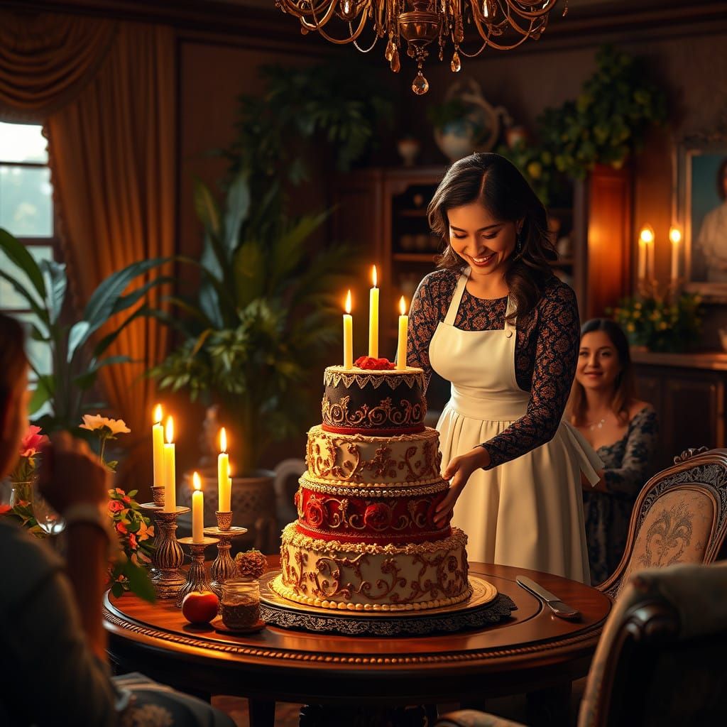 A Woman Sets a Stunning Cake in a Cozy Living Room
