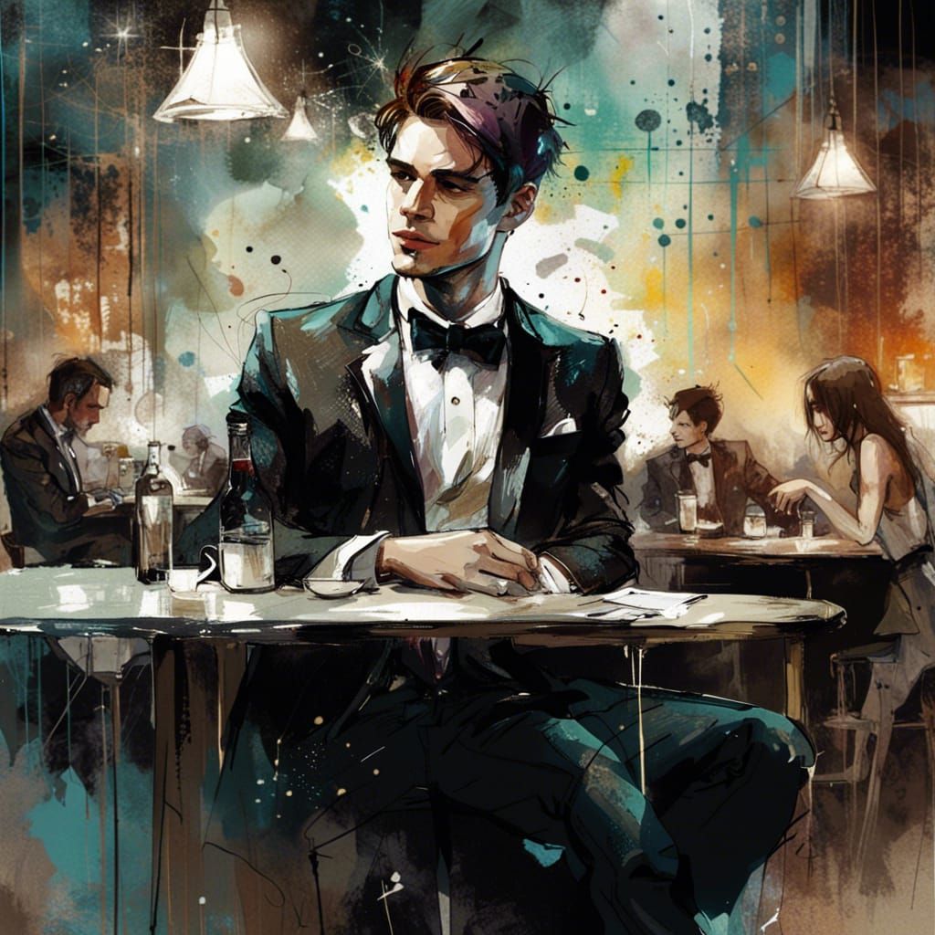 Tuxedoed Man at Jazzy Cafe in Trading Card Style