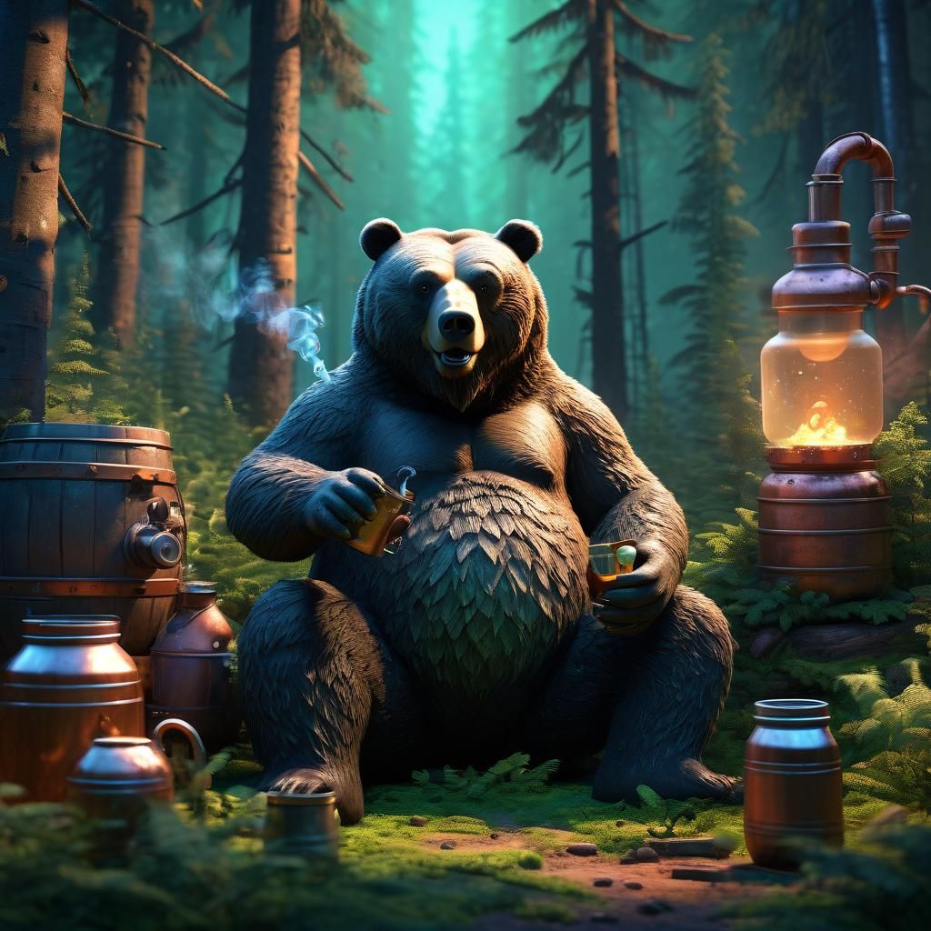 Bear Brews Moonshine: 3D Digital Art