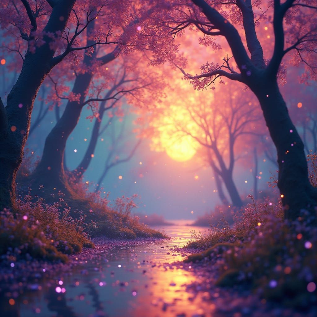 Whimsical Sunset Dreamscape in Vibrant, Shimmering Colors