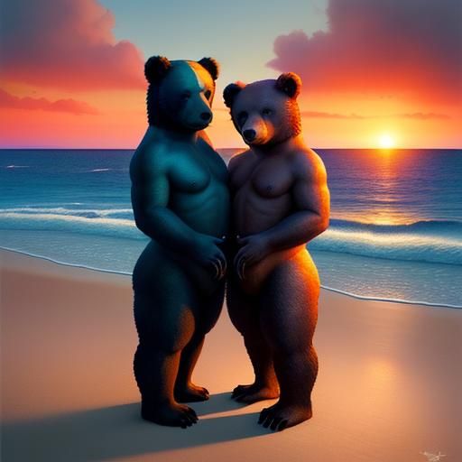 Bears on Beach at Sunset in Surreal Style