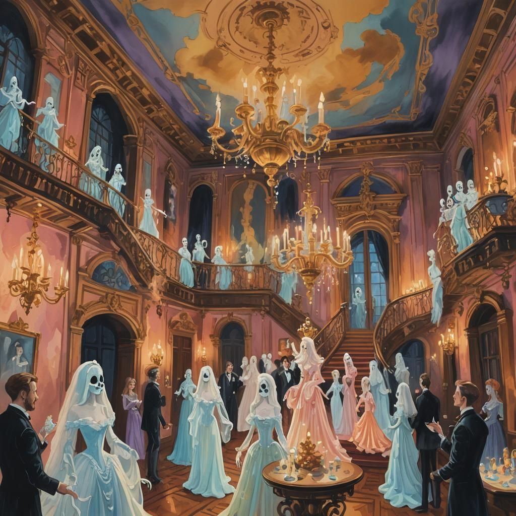 Ghosts Party in Haunted Mansion: Gouache Painting