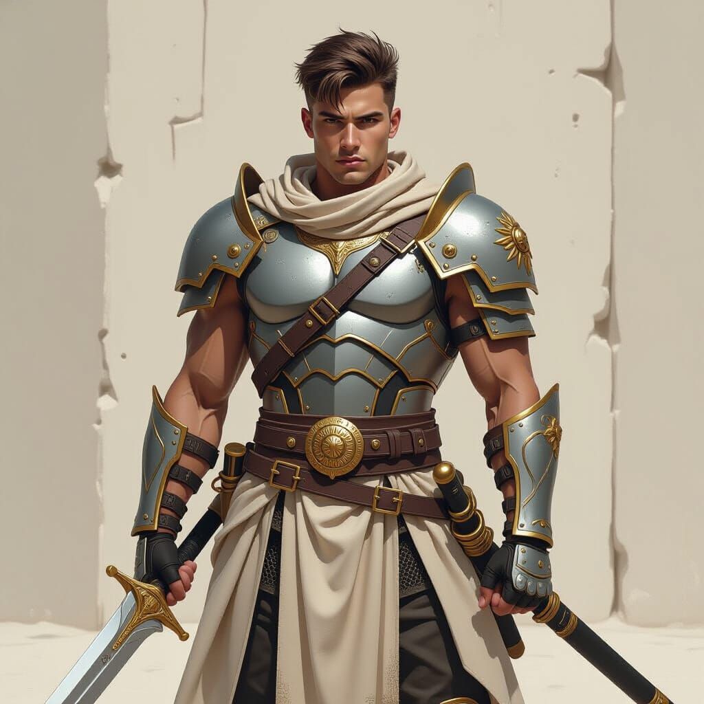 Cybernetic Warrior Poised with Silver Sword