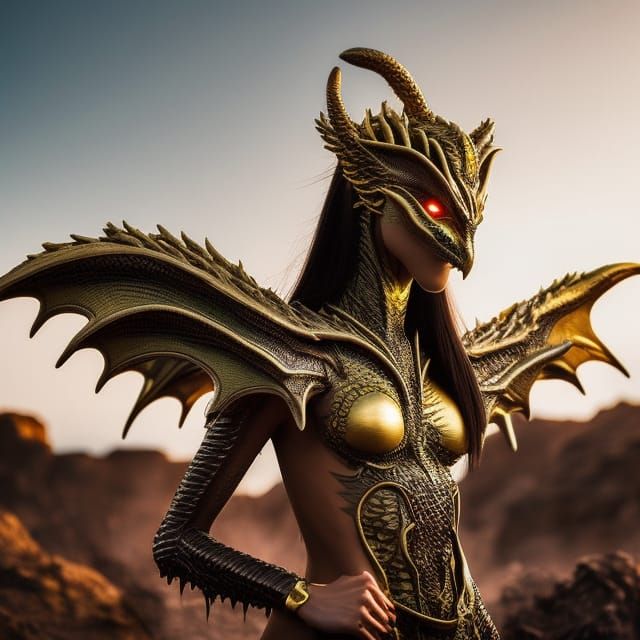 Golden Alien Dragon Goddess in Desert Landscape