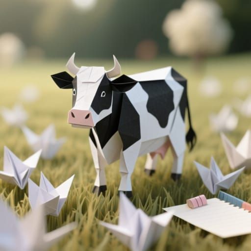 Origami Cow in Textured Paper Field