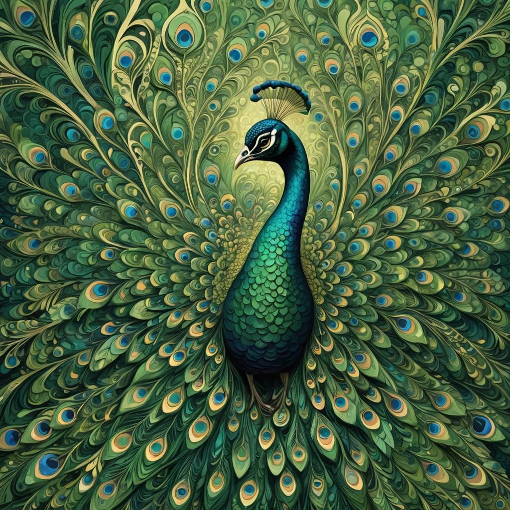Green Peacock as Impasto Painting