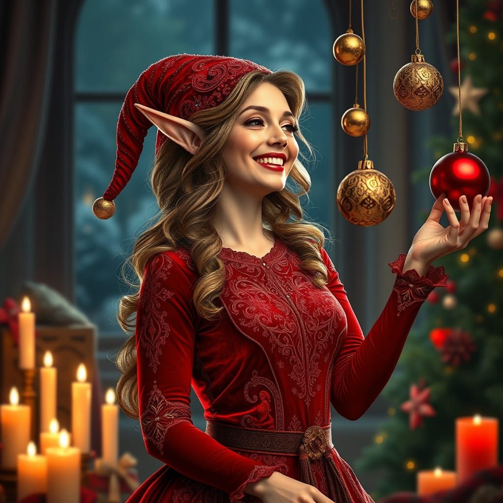 Magical Elf Maiden Celebrates Christmas Night with Whimsical...