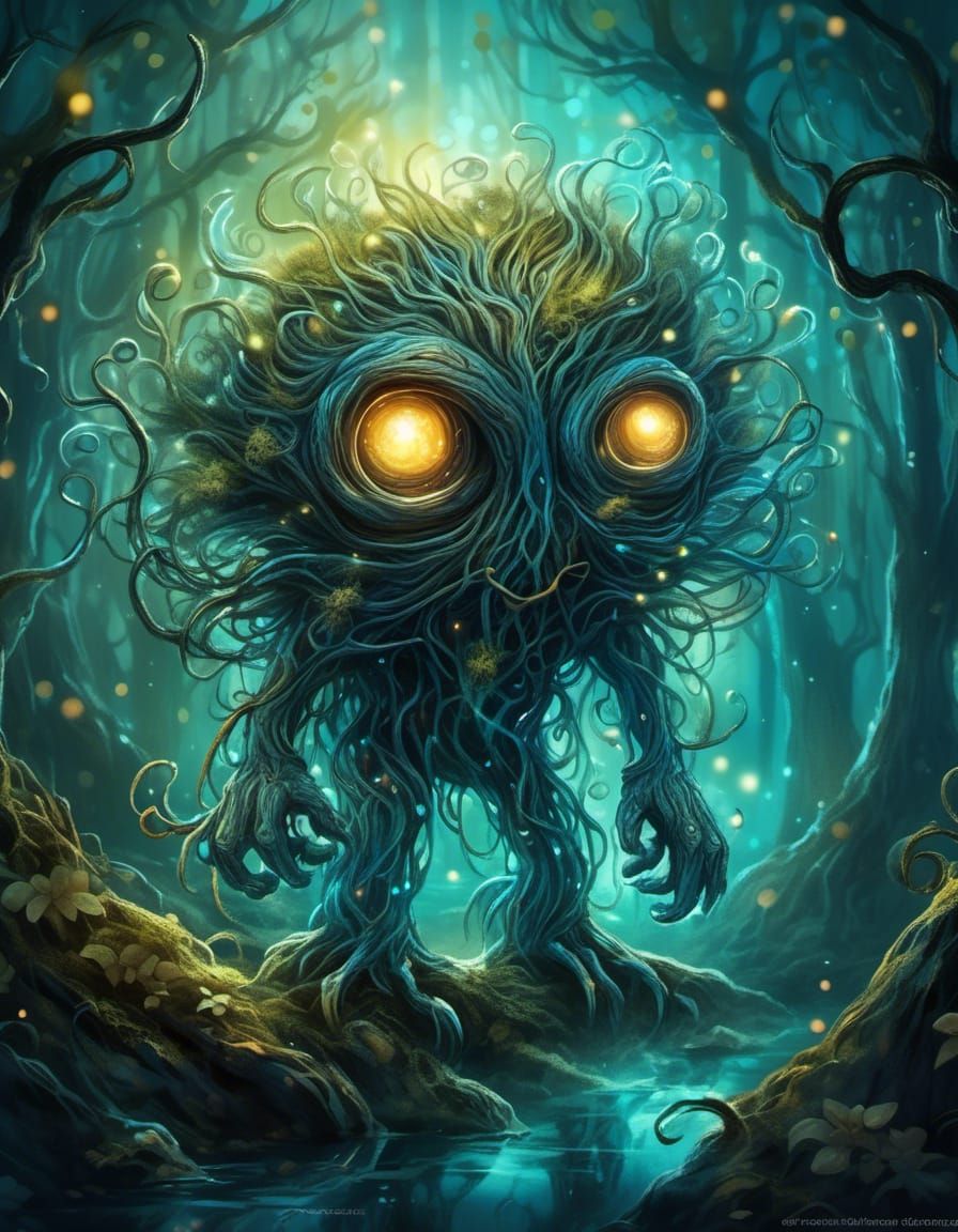 Bioluminescent Chibi Tree Monster Watercolor Illustration