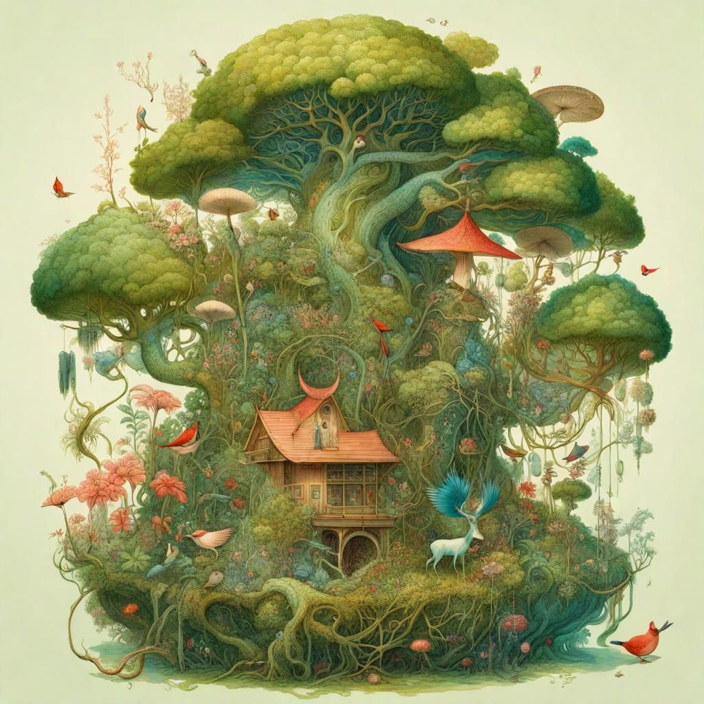 Entangled Forest Flora and Fauna in Art Brut Style