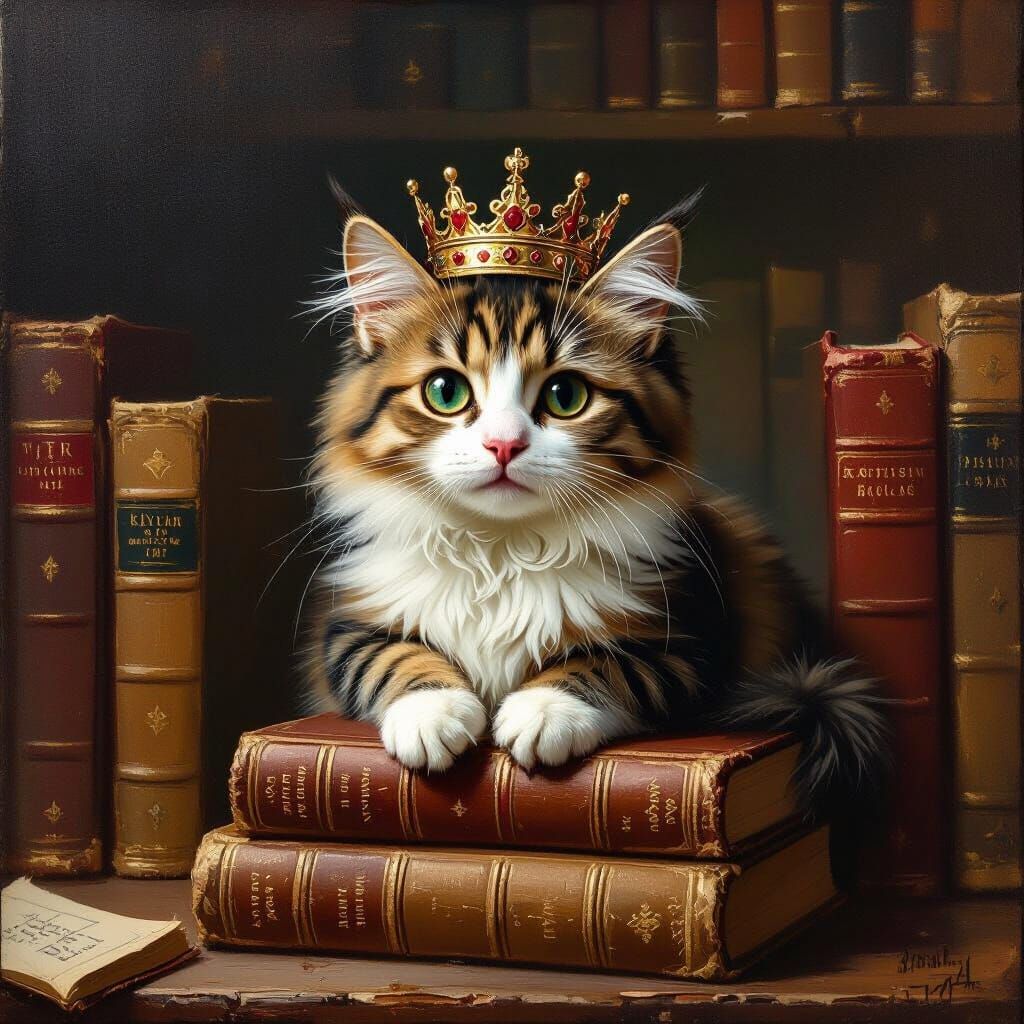 Cat in Crown on Books, Maritime Oil Painting Style