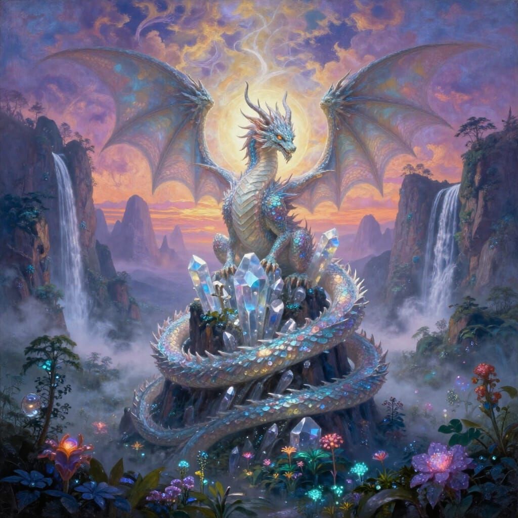Opalescent Dragon on Crystalline Peak in Ethereal Twilight