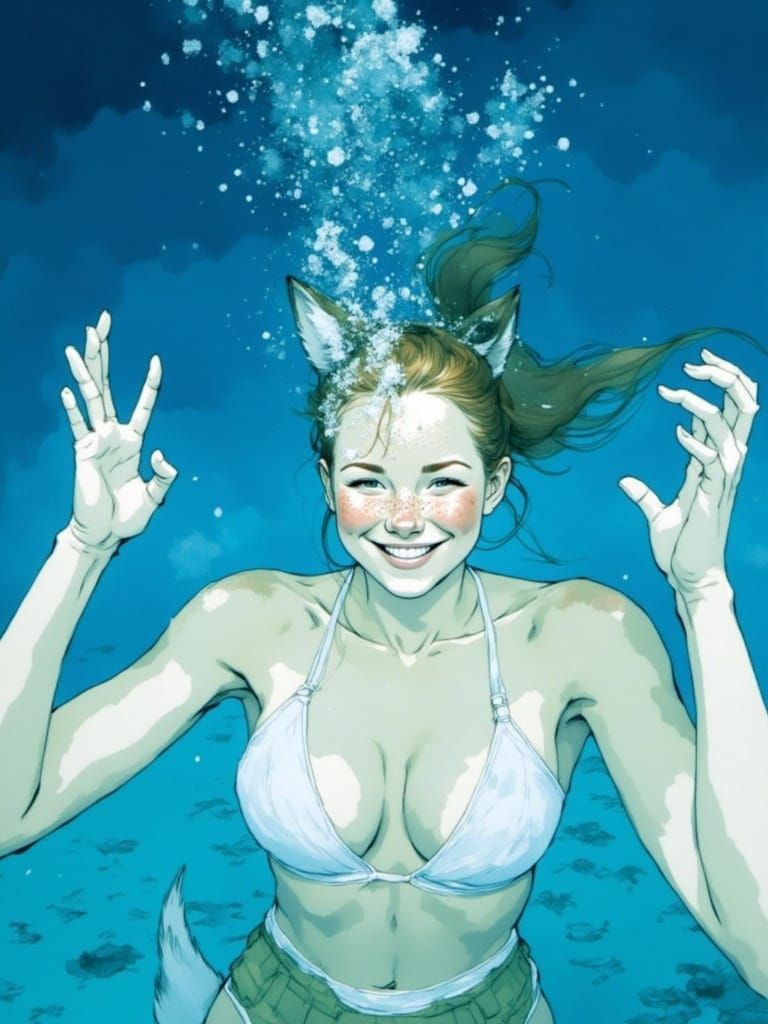 Fox-girl Vixen Swimming under water in a swimming pool .