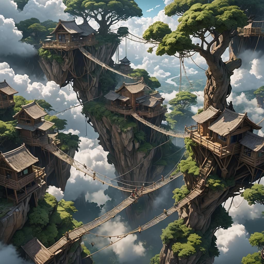 Treetop Village with Rope Bridges in Anime Style