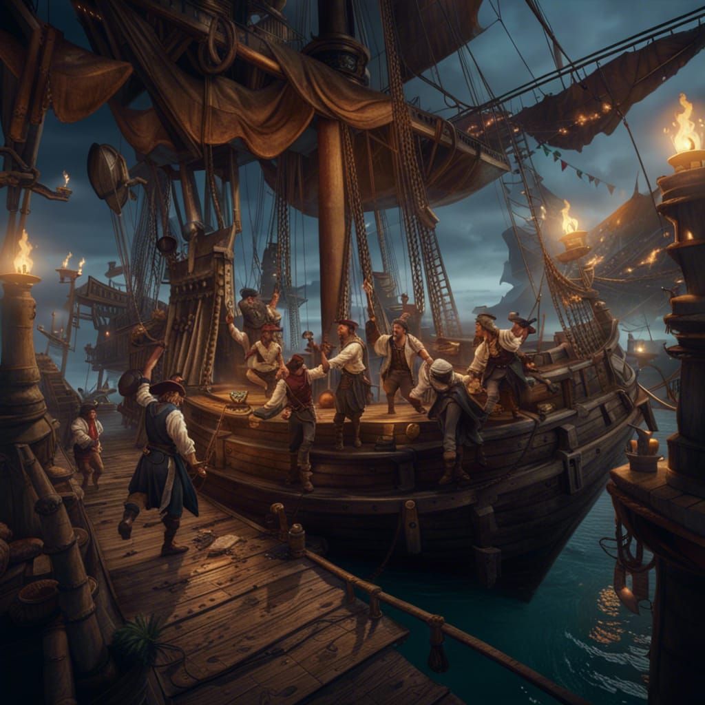 Pirate celebrate on the dock and ship