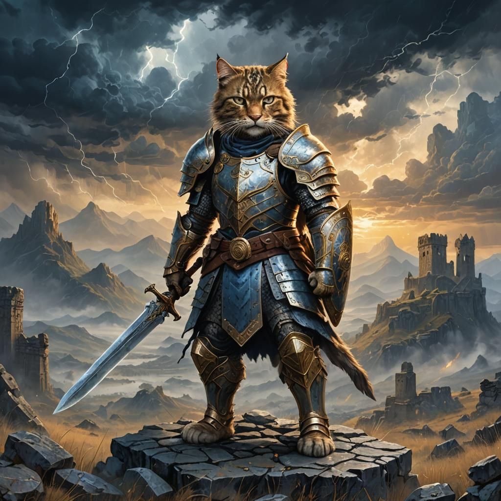 Fierce Feline Warrior in Mystical Realm: Matte Painting