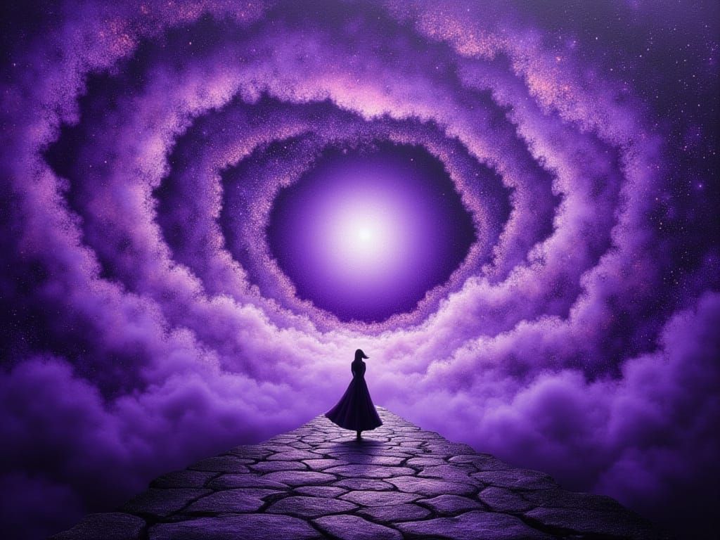 Woman Embraces Purple Vortex in Surreal Oil Painting