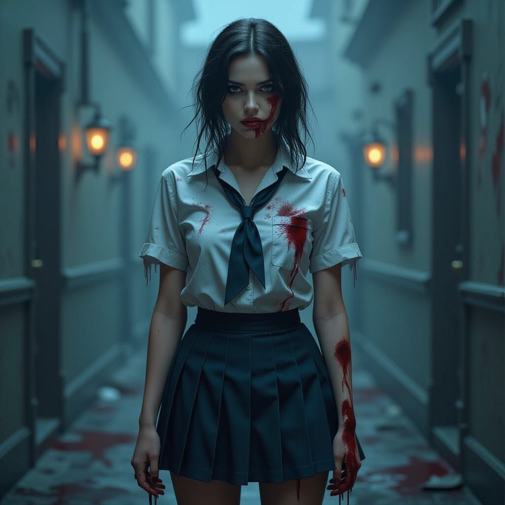 Zombie College Girl Halloween Costume with Ripped Uniform