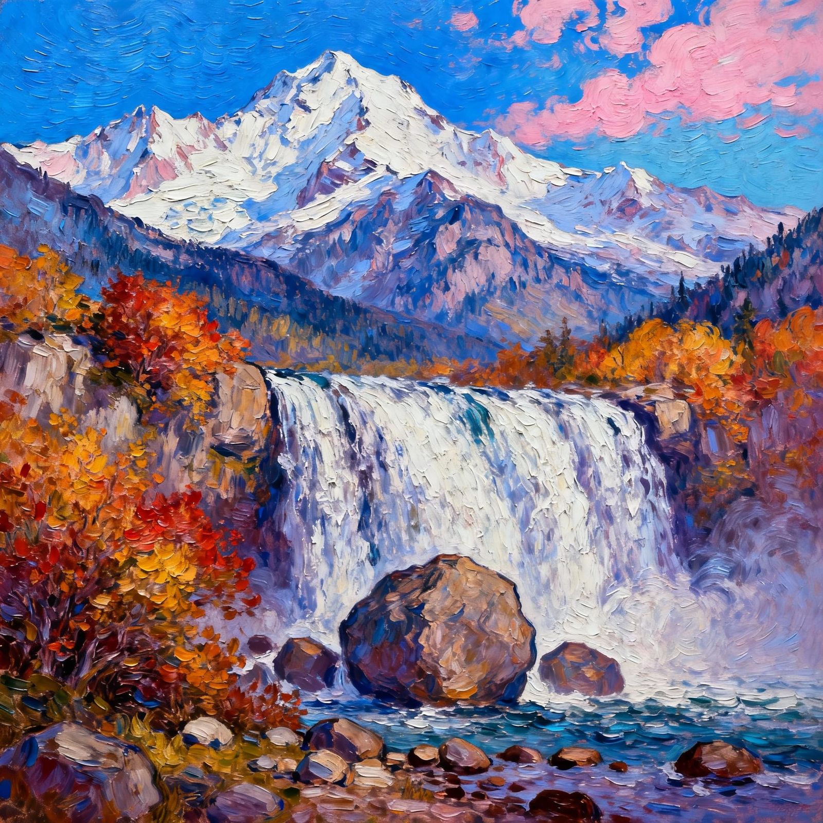 Expressive Impasto Oil Painting of Majestic Mountains and Wa...