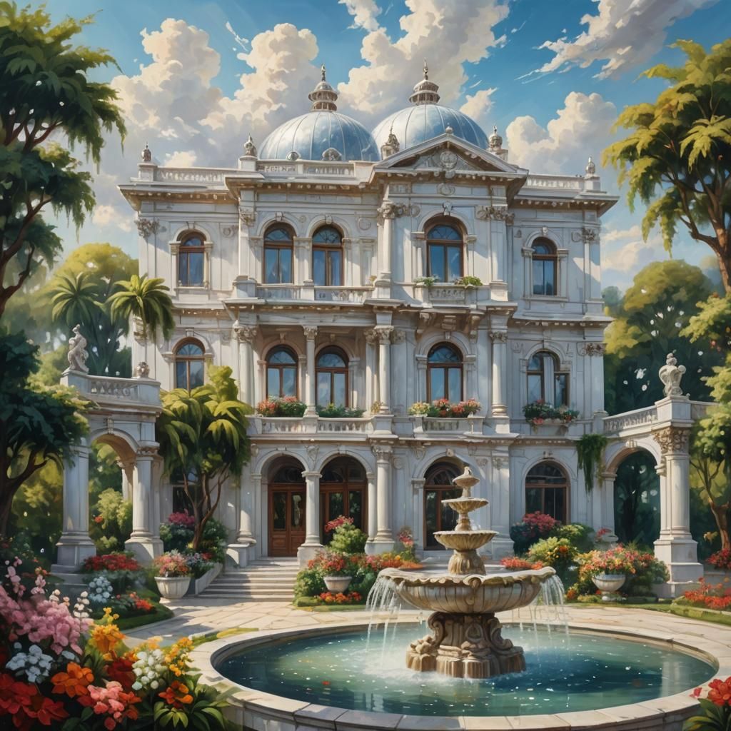 Silver Grecian Palace in Lush Gardens: Oil Painting