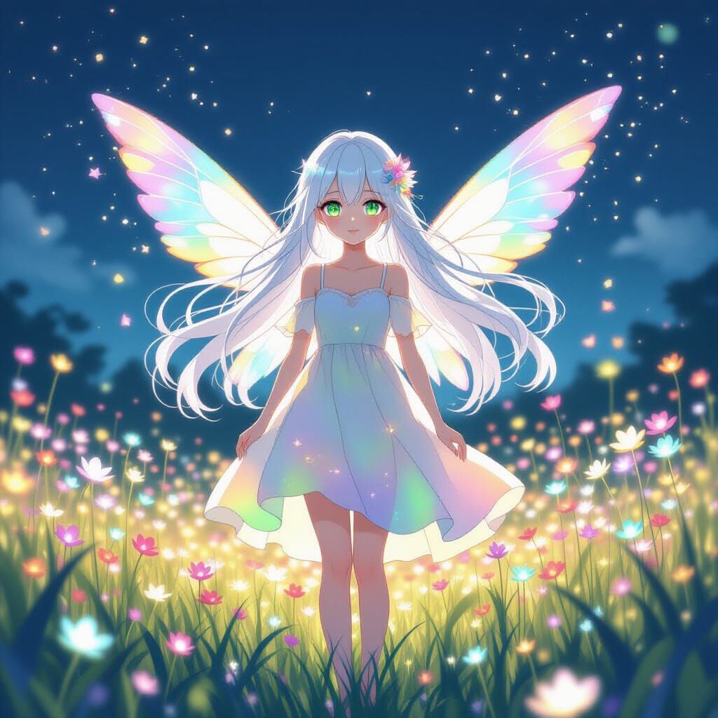 Anime Girl in Bioluminescent Field, Ghibli-esque
