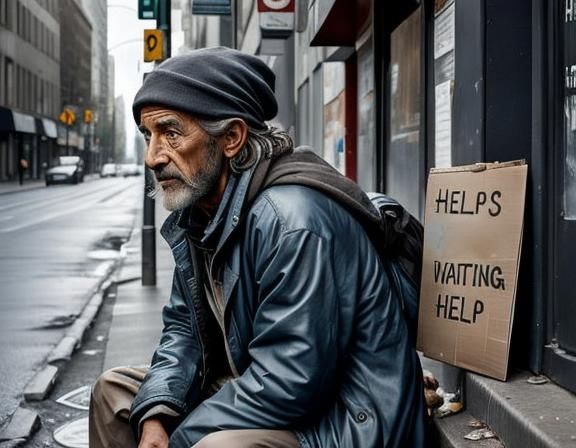 Homeless person waiting for help on a street corner
