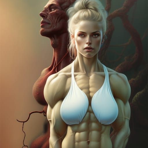 Extremely undclothing woman view, Beautiful Girl, blond hair, huge chest, vascular, very veiny, huge, big arms, beautifu...