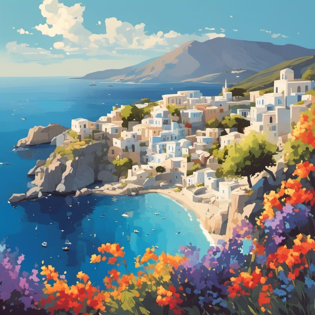 Greek Island Landscape With Flowers in Cel Style