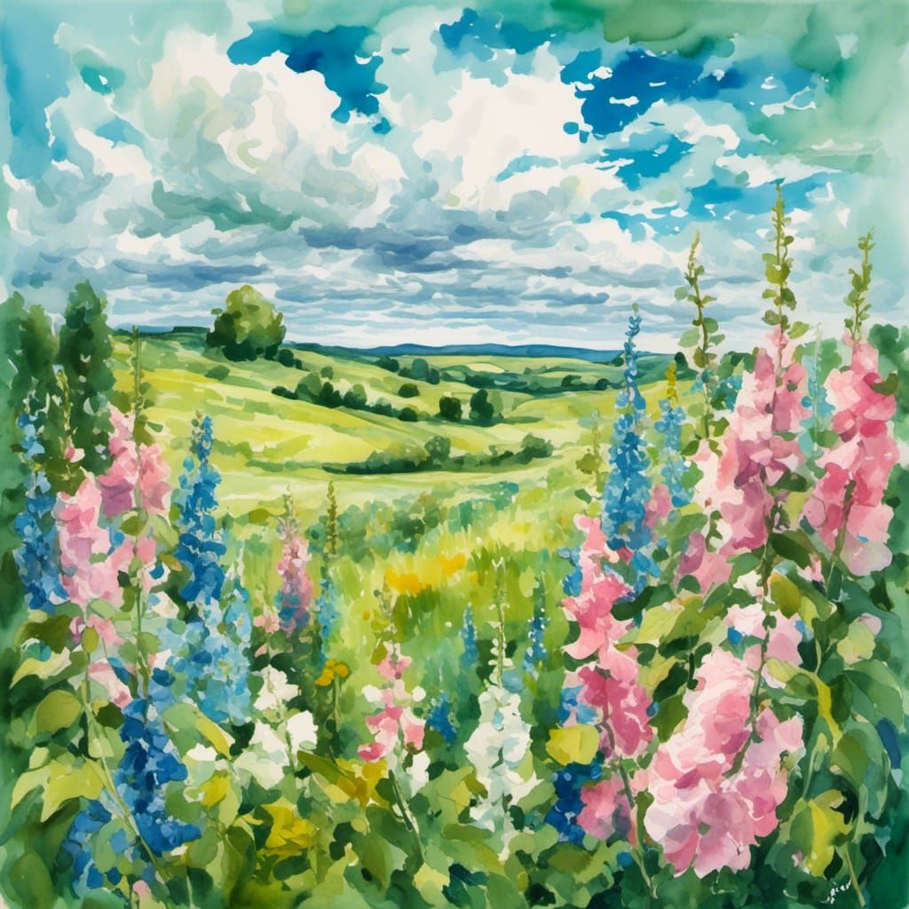 Watercolor Flower Field with Floating Dolls in Gouache Style