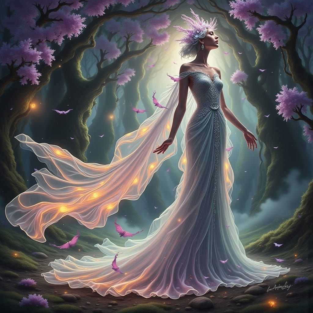 Ethereal Dreamworld: Woman in Iridescent Gown