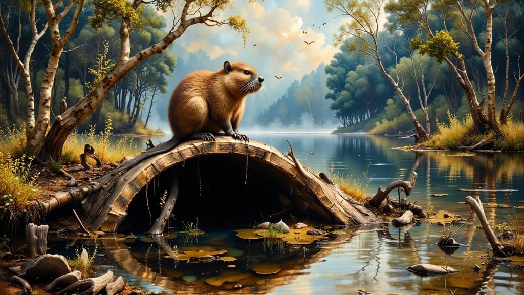 A North American Beaver is working on top of his den made fr...