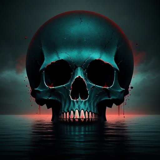 Gothic Skeletons Weeping Ruby Tears into Teal Water