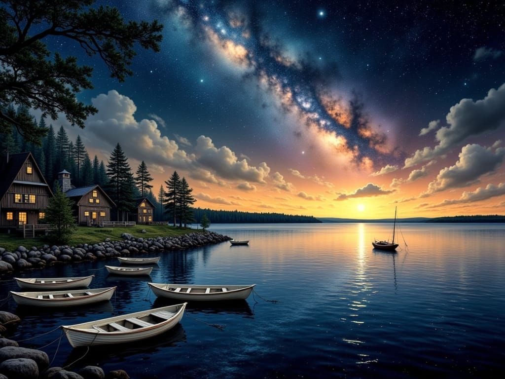 Swedish Midsummer Lake Scene Under Nocturnal Skies