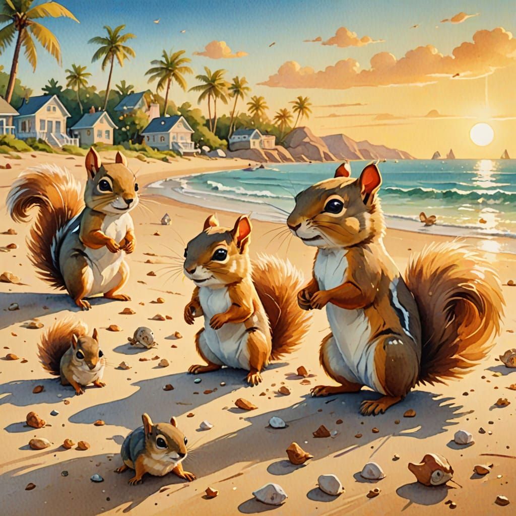 Whimsical Squirrels Play on Beach in Golden Hour